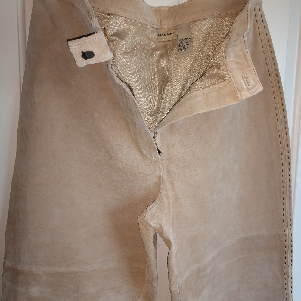Tan leather suede pants/high-rise flat front
